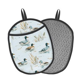 Pot Holders 2 Pack Silicone, Cotton Lining, Heat Resistant to 500°F (260°C), Non-Slip Grip, 7.5"x9.4" Oval Kitchen Hot Pads for Oven, Cooking (Ducks Swimming, Potholders)
