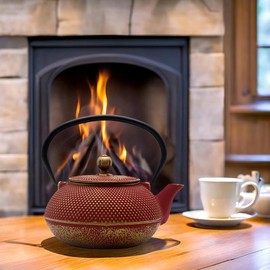 SECHUDO Cast Iron Teapot Tea Kettle with Stainless Steel Infuser for Stovetop Safe Coated with Enameled Interior Japanese Red Tetsubin for Loose Tea(30.4oz/900ml)