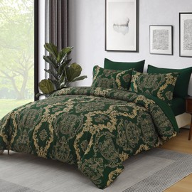 WONGS BEDDING Green Damask King Size Comforter Set, 7 Piece Texture Microfiber Comforter Bedding Set for All Season, Bed in a Bag with Comforter, Flat Sheet, Fitted Sheet, Pillowcases & Shams