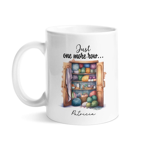 Personalized Just One More Row Coffee Mugs, Customized Name Knitting