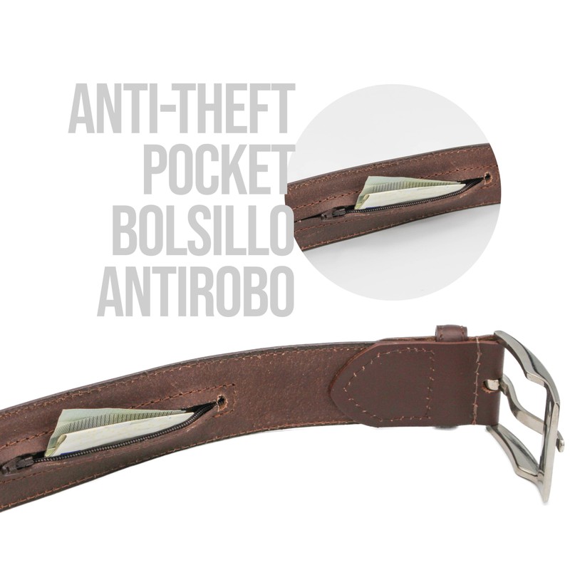 Zerimar Leather Belt - Inner Zip Belt for Anti-Theft -