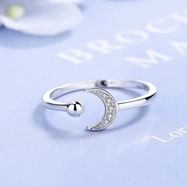 Carol&Allen 925 Sterling Silver Moon Ring Inlaid Cubic Zirconia Adjustable Open Band for Women Girls