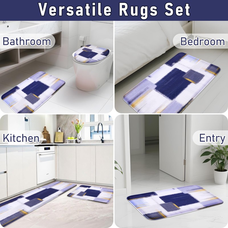 Blue Memory Foam Bathroom Rug Sets 5 Piece, Absorbent Non-Slip