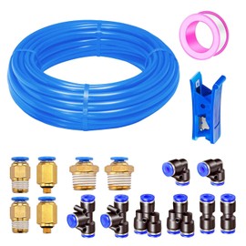 HAXIHA 10M Pneumatic Hose Blue 8 mm OD 5 mm ID Polyurethane PU Air Hose Pipe Compressed Air Hose is Suitable for Pneumatic Devices, with 14 Pieces Pneumati Connector (Y/T/L/I Shaped)