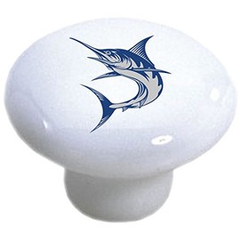 Set of 2 Blue Marlin Fish Ceramic Cabinet Drawer Pulls Knobs