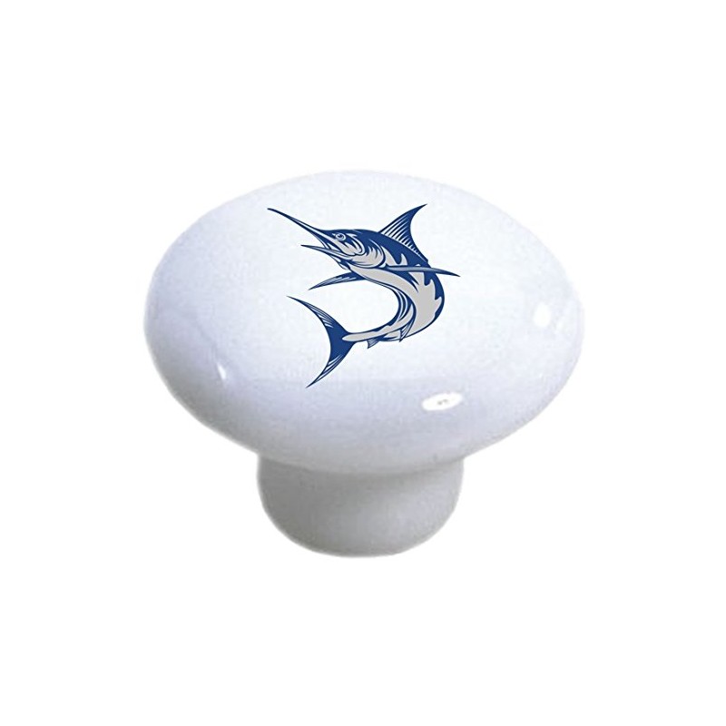 Set of 2 Blue Marlin Fish Ceramic Cabinet Drawer Pulls