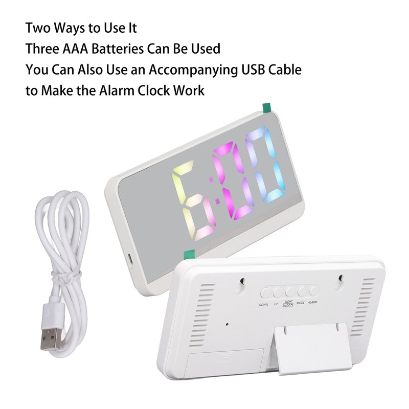 White Digital Alarm Clock with LED Mirror Screen Fashion Electronic