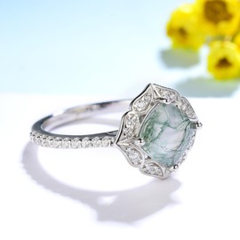 ITI KUOLOLIT Natural Moss Agate Gemstone Rings for Women Solid 925 Sterling Silver Rings for Women Trendy Cusion Engagement Wedding Ring Gift (7, Natura Moss Agate-White)
