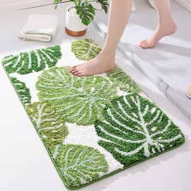 Panstar Green Leaves Bath Mat, Non Slip Large Plant Monstera Leaf Bath Rug Absorbent Bathtub Rug Bathroom Plush Shower Rugs (20"X30")
