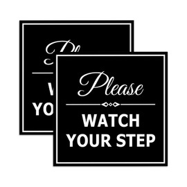 Signs ByLITA Square Classy Please Watch Your Step Sign | Safety Sign with Easy Installation (Black) - Medium 2 Pack
