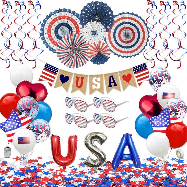Owelleny Patriotic Decorations - American Flag Party Supplies, 45 pcs Patriotic Party Supplies Including Paper Fans, Banner, Shades Glasses, Balloons, Star Confetti, Hanging Swirl