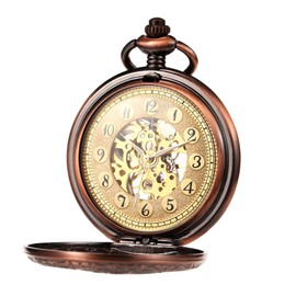 TREEWETO Mechanical Eagle Arabic Numerals Dial Skeleton Red Bronze Pocket Watch Watches with Gift Box and Chains for Mens Women