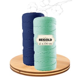 Beigold® Premium Macrame Yarn Sea Blue - Macrame yarn 3 mm for beautiful natural look (100 m) Cotton yarn for macramé DIY crafts