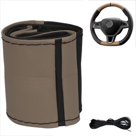 Xkeribom Steering Wheel Cover Lace-Up Leather 37-38 cm 12 o'clock Marking Beige Black Sport