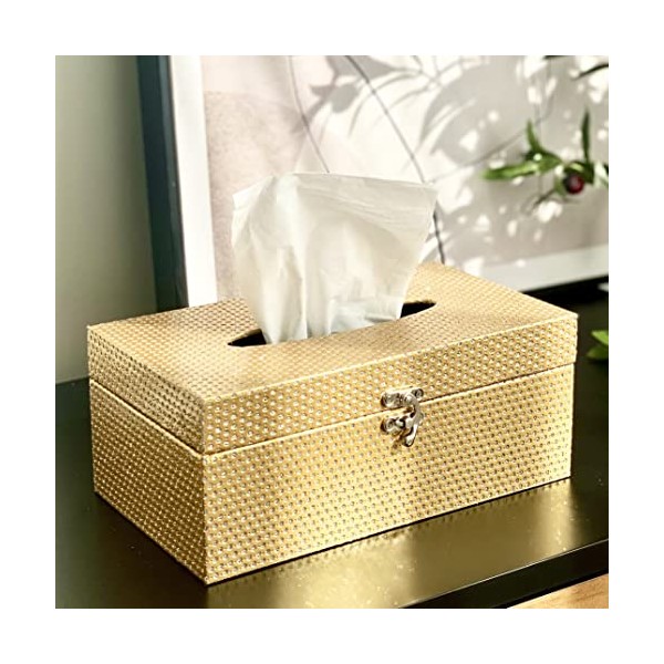Wooden Tissue Box Cover Rectangular, Decorative Gold Tissue Box Holder for Bedroom, Living Room, Bathroom, Dryer Sheet Holder for Laundry Room Decor