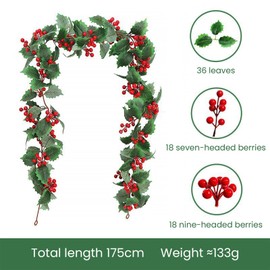 Red Berry Christmas Garland,Artificial Berry Garland Flexible Greenery Garland with Red Berry and Holly Leaves for Winter Christmas Holiday New Year Decoration（175CM/68.9IN ）