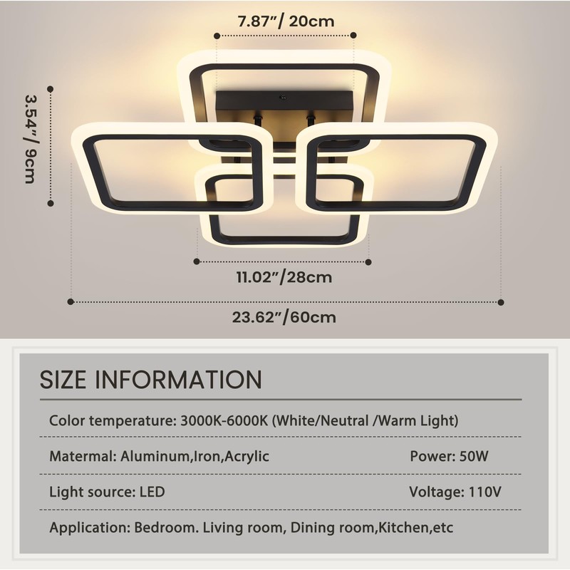 HLILCEH 23.6inch Modern LED Ceiling Light 50W Dimmable Ceiling Lamp