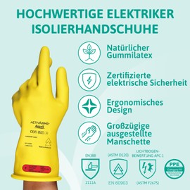 Ansell ActivArmr Electrician's Protective Gloves, Electrical Protection Class 0 (1000V), Electrically Insulating Rubber Gloves, Professional Work Gloves 28 cm, Yellow, Size L (1 Pair)
