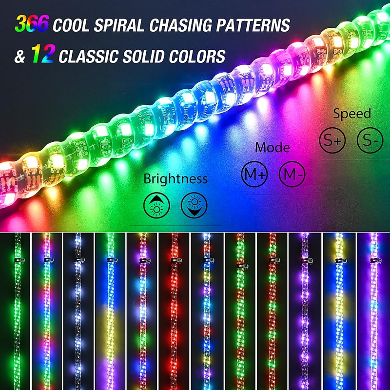 Nilight 2PCS 2FT Spiral RGB Led Whip Light w/RGB Chasing/Dancing