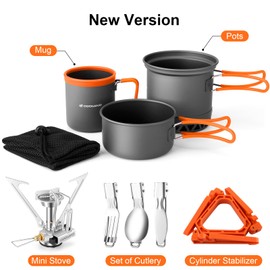 Odoland Extended Camping Tableware Set, Outdoor Cookware, Aluminium Camping Pot with Burner, Cup, Foldable Cutlery, Mini Camping Stove for Outdoor, Picnic, Hiking