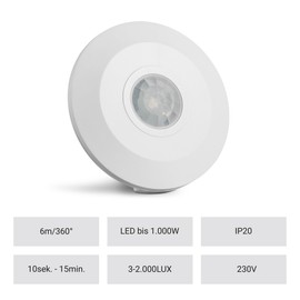SEBSON® Bewegungsmelder Innen Aufputz - 2er Set - Decken Montage, programmierbar, Infrarot Sensor, Reichweite 6m/ 360°, Bewegungssensor LED geeignet, 3-Draht