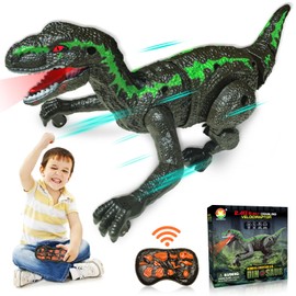 Remote Control Dinosaur for Kids,Robot Dinosaur with Spray & Light & Roar 2.4G Electronic RC Toys Velociraptor Realistic Walking Velociraptor Toys for Kids 3-5 4-7 8-12 Year Old Birthday Gifts (Green)