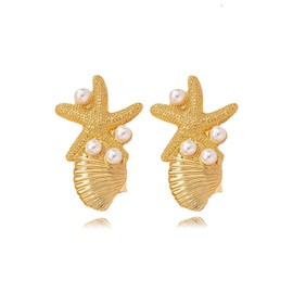 Shell Earrings for Women Gold Starfish Seashell Conch Dangle Earrings Boho Statement Earrings Summer Beach Ocean Accessories for Womens Summer Outfits for Women 2024