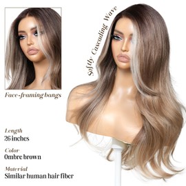 ENCOUNTERU Synthetic Lace Front Brown Ombre Layered Wig with Bangs Pre Plucked Pre Cut 13x4 HD Lace Wear and Go Glueless Body Wave Wig for Women 23 Inch