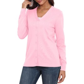 YGJIEGENG Cardigan for Women V-Neck Long Sleeve Open Front Ladies Cardigans Autumn Winter Knit Lightweight Sweater,Pink,XL