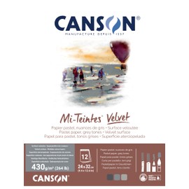 Canson Canson Mi-Teintes Velvet Drawing Paper Pad, Grey Tones, Assorted Colors, Glue Binding, (260lb/430g), 12 Sheet, 9.4x12.6 inch, 1 Count