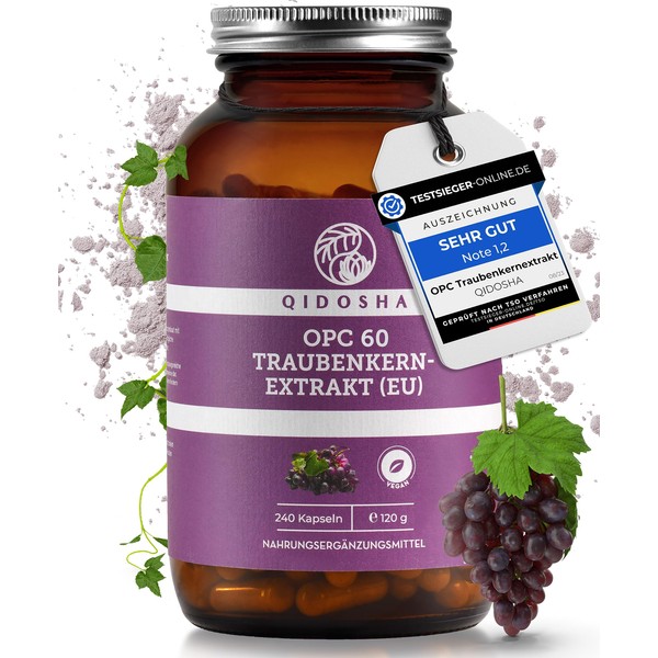 QIDOSHA® Premium OPC Grape Seed Extract High Dose I 240 Pieces in Glass I OPC Capsules High Dose with 60% Pure OPC I 800mg Grape Seed Extract with 480mg OPC per Daily Dose I Vegan, Laboratory Tested