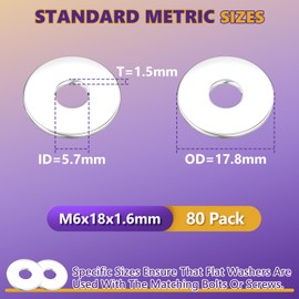 Washers, M6 Flat Washers, 80Pcs Fender Washers for Screws Bolts, 18-8 (304) Stainless Steel Fender Washers, Assorted Hardware Metal Washers Kit for Factories, Home, Shops, Construction (M6x18x1.6mm)