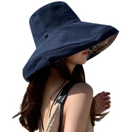 Sombrero de sol de ala súper ancha para mujer, de algodón, plegable, reversible, con borde con cable, protección UV, verano, playa, viajes, jardín, M2321-azul marino, Talla única