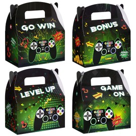 Video Game Party Treat Boxes - 12Pcs Game On Candy Treat Boxes Level Up Party Favor Bags Gaming Party Supplies for Boys Kids Birthday Baby Shower Party Decorations Geek Party Boxes with Handle
