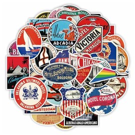 52PCS, Vintage Hotel Label Stickers, Waterproof Retro Travel Decals