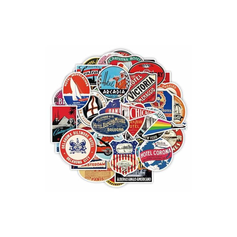 52PCS, Vintage Hotel Label Stickers, Waterproof Retro Travel Decals