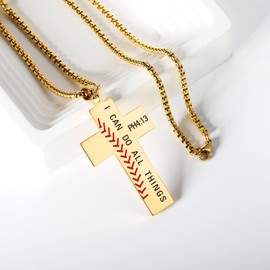HattiDoris Baseball Cross Necklace for Boys Stainless Steel Chain 22+2 inch Bible Verse PHILIPPIANS 4:13 I CAN DO ALL THINGS Baseball Cross Pendant Inspirational Baseball Jewelry Gift for Men（Gold）