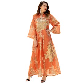 Abayas for Women Muslim Long Sleeve Maxi Dress Loose Full Cover Islamic Dubai Robe Kaftan Abayas Orange Medium