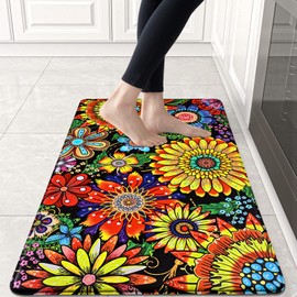 Likiyol Boho Kitchen Rugs, Boho Floral Anti Fatigue Kitchen Mat for Floor, Bohemian Flowers Non Slip Washable Kitchen Floor Mats, Comfort Standing Mat, 18'' x 30'', Yellow