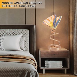 Metal butterfly table lamp Stained glass table lamp Nordic light luxury 4w with plug acrylic lampshade neutral light LED color butterfly table lamp Suitable for living room bedroom office decoration