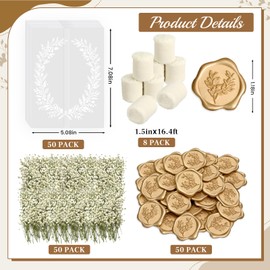 Dadoudou 50 Set Wedding Invitation Kit, Pre-Folded Vellum Jackets for 5x7 Invitations, DIY Invitation Accessories Kit with Chiffon Ribbons, Dried Flowers & Gold Wax Seal Stickers – Leaf Wreath