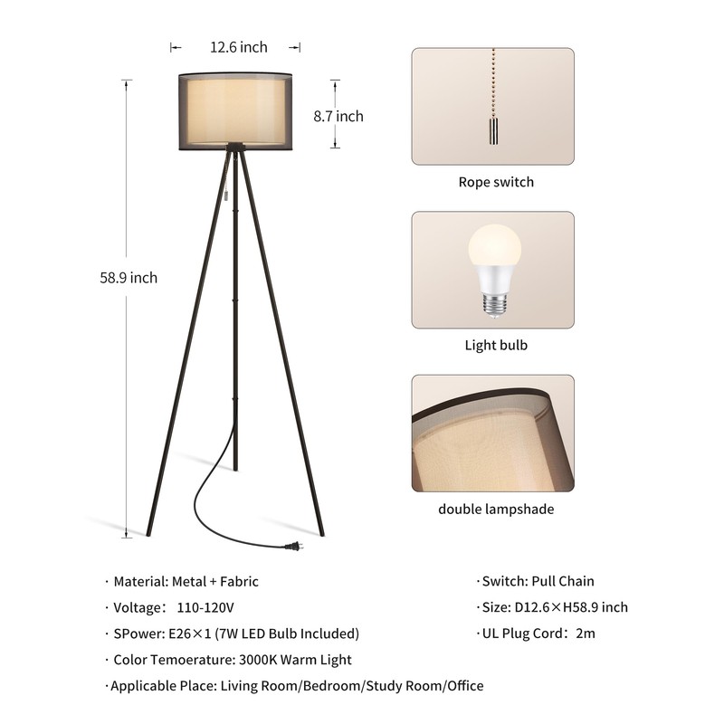 KDG Modern Floor Lamp - Tall Tripod Lamp for Living