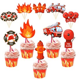 DACST Set Of 40 Firefighter Cupcake Topper And Cupcake Wrappers for Fireman Theme Birthday Party Firetruck Party Baby Shower Party Decorations Supplies