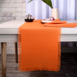 D'Moksha Homes Fringe Orange Table Runner 14 x 36 Inch - Faux Linen Table Runner - Wrinkle Resistant, Machine Washable Rustic Table Runner - 100% Recycled Fabric