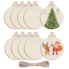 CUWELT 60Pcs Christmas Wooden Baubles with Hole, Natural Wood Disc Hanging Ornaments, 3.3" Blank Round Wood Slices with String, Unfinished Christmas Ornaments for DIY Crafts Christmas Tree Decoration