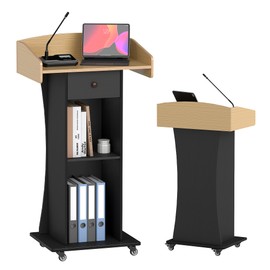 Podium Stand with Metal Wheels Wooden Lectern Podium Stand Portable Pulpit Standing with Storage Mobile Reception Podiums for Church Office School Conference Restaurant Meeting,Wood+Black