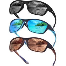 Tskestvy 3 Pairs Men’s Polarized Sport Wrap Around Sunglasses UV Protection Shades for Running Fishing Biking Cycling Driving (H)