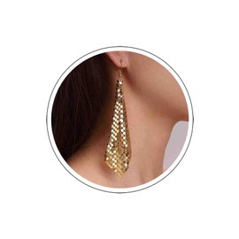 Atentuyi Boho Punk Metal Sequin Earrings Gold Long Drop Dangle Earrings Mesh Grid Tassel Earrings Square Hook Earrings Geometric Statement Earrings Jewelry for Women and Girls