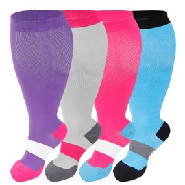 BSERA 4 Pairs Plus Size Compression Socks for Women Men Wide Calf, 15-20 mmHg Knee High Stockings for Circulation Support