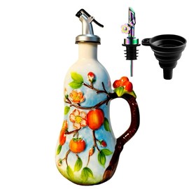 18 oz Hand-Painted Relief Ceramic Olive Oil Bottle Dispenser, with Handle Decorative Olive Oil Dispenser Bottle, Kitchen Ceramic Oil Vinegar Bottle Seasoning Bottle with Stainless Steel Spout & Funnel